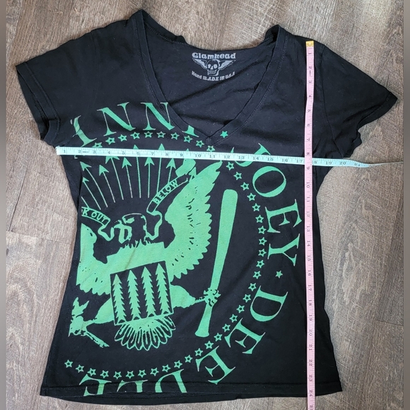 Y2K Glamhead Babydoll Tee Womens XL Black Green Graphic Ramones Print 100% Cotto - Picture 8 of 9